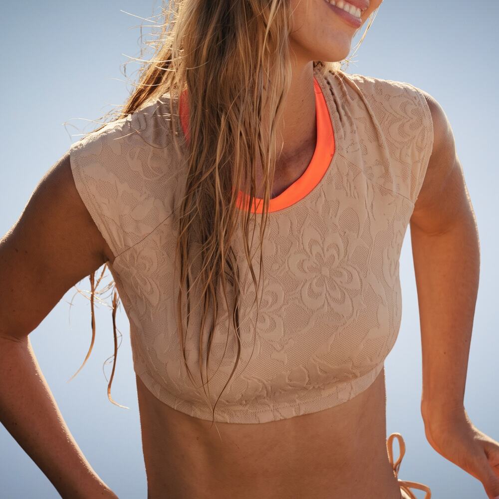 Free People Beach The Sonny Tee Floral Burnout Textured Crop Top Tan XL